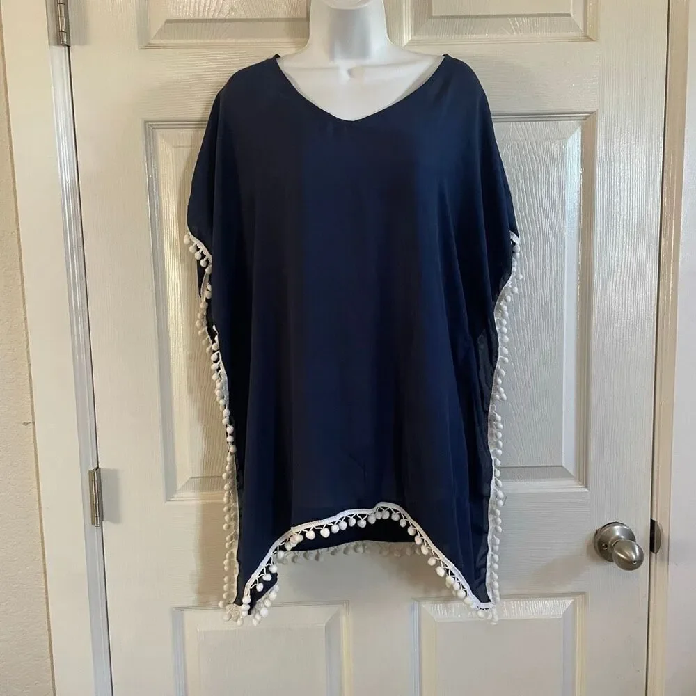 Boutique Small Bikini Cover Up Poncho Blouse Navy Blue White
